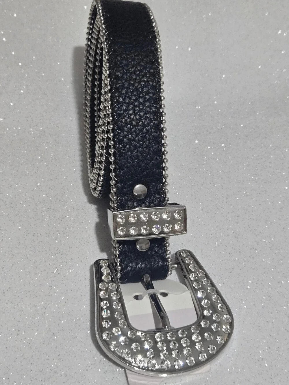 Black Crystal Accent Women’s Belt with Silver Buckle